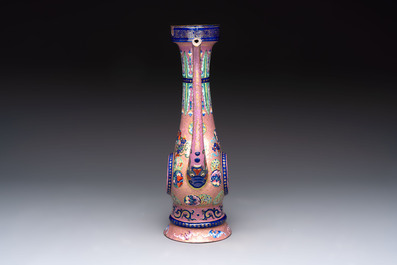 A Chinese Canton enamel blue-ground jug and a rare pink-ground ewer, Qianlong/Jiaqing