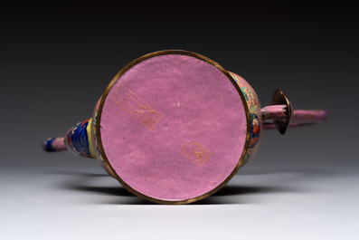 A Chinese Canton enamel blue-ground jug and a rare pink-ground ewer, Qianlong/Jiaqing