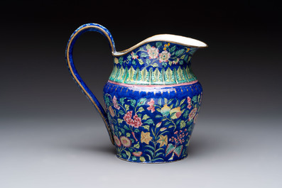 A Chinese Canton enamel blue-ground jug and a rare pink-ground ewer, Qianlong/Jiaqing