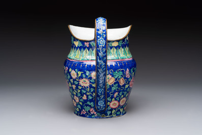 A Chinese Canton enamel blue-ground jug and a rare pink-ground ewer, Qianlong/Jiaqing