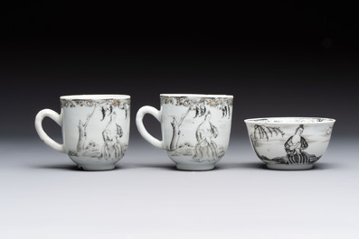 A Chinese grisaille semi-erotic 'La Nourriture' nine-piece tea service, Qianlong