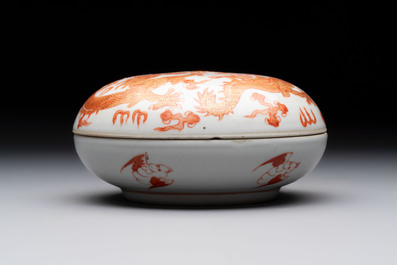 A Chinese gilt and iron-red-decorated 'dragon' covered ink paste box and a famille rose bowl, 19/20th C.