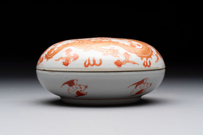 A Chinese gilt and iron-red-decorated 'dragon' covered ink paste box and a famille rose bowl, 19/20th C.