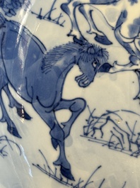 A Chinese blue and white 'Yu Ma Tu 浴馬圖' plate, Kangxi mark and of the period