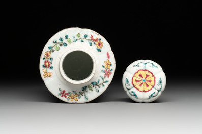 A fine Chinese famille rose tea caddy and a pattipan or teapot stand, Yongzheng/Qianlong