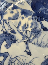 A Chinese blue and white 'Yu Ma Tu 浴馬圖' plate, Kangxi mark and of the period