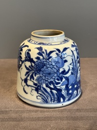 A Chinese blue and white bell-shaped water pot with birds among flowering branches, Kangxi