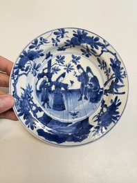 A Chinese blue and white 'Sense of Smell' plate and an 'Amorous Shepherds' plate, Kangxi