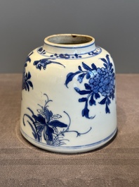 A Chinese blue and white bell-shaped water pot with birds among flowering branches, Kangxi