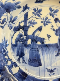 A Chinese blue and white 'Sense of Smell' plate and an 'Amorous Shepherds' plate, Kangxi