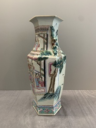 A Chinese Canton famille rose hexagonal vase with narrative design, 19th C.
