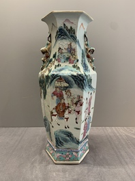 A Chinese Canton famille rose hexagonal vase with narrative design, 19th C.