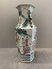 A Chinese Canton famille rose hexagonal vase with narrative design, 19th C.