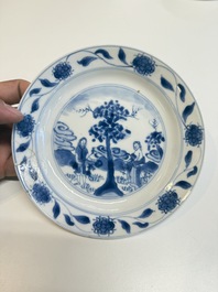 A Chinese blue and white 'Sense of Smell' plate and an 'Amorous Shepherds' plate, Kangxi