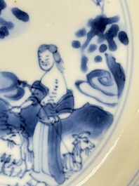 A Chinese blue and white 'Sense of Smell' plate and an 'Amorous Shepherds' plate, Kangxi