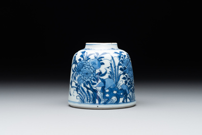 A Chinese blue and white bell-shaped water pot with birds among flowering branches, Kangxi