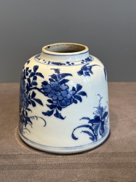 A Chinese blue and white bell-shaped water pot with birds among flowering branches, Kangxi