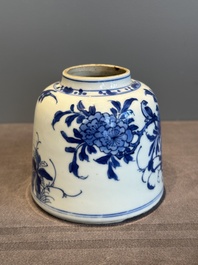 A Chinese blue and white bell-shaped water pot with birds among flowering branches, Kangxi