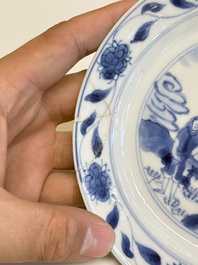 A Chinese blue and white 'Sense of Smell' plate and an 'Amorous Shepherds' plate, Kangxi