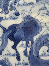 A Chinese blue and white 'Yu Ma Tu 浴馬圖' plate, Kangxi mark and of the period