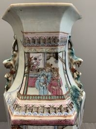 A Chinese Canton famille rose hexagonal vase with narrative design, 19th C.