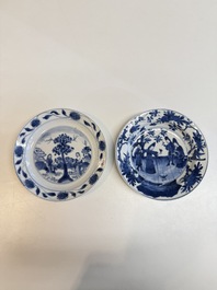 A Chinese blue and white 'Sense of Smell' plate and an 'Amorous Shepherds' plate, Kangxi