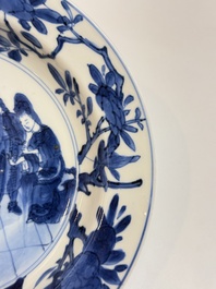 A Chinese blue and white 'Sense of Smell' plate and an 'Amorous Shepherds' plate, Kangxi