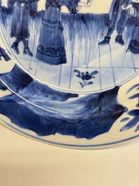 A Chinese blue and white 'Sense of Smell' plate and an 'Amorous Shepherds' plate, Kangxi
