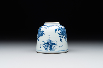 A Chinese blue and white bell-shaped water pot with birds among flowering branches, Kangxi