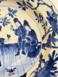 A Chinese blue and white 'Sense of Smell' plate and an 'Amorous Shepherds' plate, Kangxi