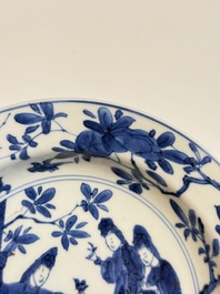 A Chinese blue and white 'Sense of Smell' plate and an 'Amorous Shepherds' plate, Kangxi