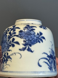 A Chinese blue and white bell-shaped water pot with birds among flowering branches, Kangxi