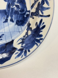 A Chinese blue and white 'Sense of Smell' plate and an 'Amorous Shepherds' plate, Kangxi