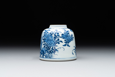 A Chinese blue and white bell-shaped water pot with birds among flowering branches, Kangxi