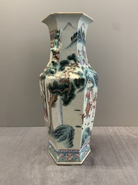 A Chinese Canton famille rose hexagonal vase with narrative design, 19th C.