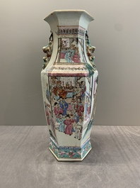 A Chinese Canton famille rose hexagonal vase with narrative design, 19th C.