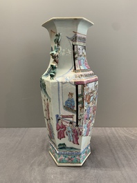 A Chinese Canton famille rose hexagonal vase with narrative design, 19th C.