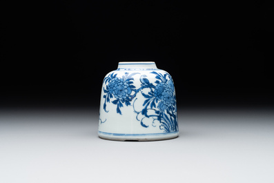 A Chinese blue and white bell-shaped water pot with birds among flowering branches, Kangxi