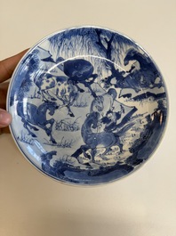 A Chinese blue and white 'Yu Ma Tu 浴馬圖' plate, Kangxi mark and of the period