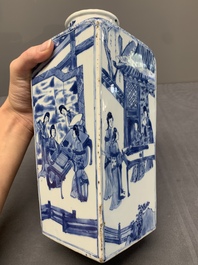 A Chinese blue and white square bottle with figural design, Kangxi