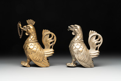 A bronze lion-form aquamanile and two rooster-form aquamanilia, one chromed, Germany, 19th C.