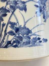 A large Chinese blue and white 'birds, bamboo and flowers' brush pot, Transitional period