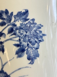 A large Chinese blue and white 'birds, bamboo and flowers' brush pot, Transitional period