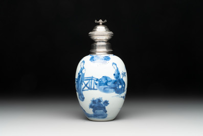 A Chinese blue and white 'Long Eliza' tea caddy with silver mount and cover, Kangxi