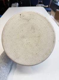 A large Chinese blue and white 'birds, bamboo and flowers' brush pot, Transitional period