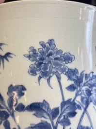 A large Chinese blue and white 'birds, bamboo and flowers' brush pot, Transitional period