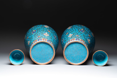 A pair of large Chinese cloisonn&eacute; 'lotus scroll' 'meiping' vases and covers, Republic