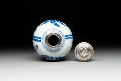 A Chinese blue and white 'Long Eliza' tea caddy with silver mount and cover, Kangxi