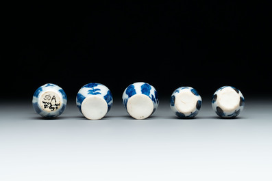 Ten Chinese blue and white miniature vases with figural and floral design, Kangxi