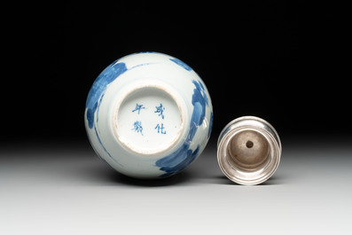 A Chinese blue and white 'Long Eliza' tea caddy with silver mount and cover, Kangxi